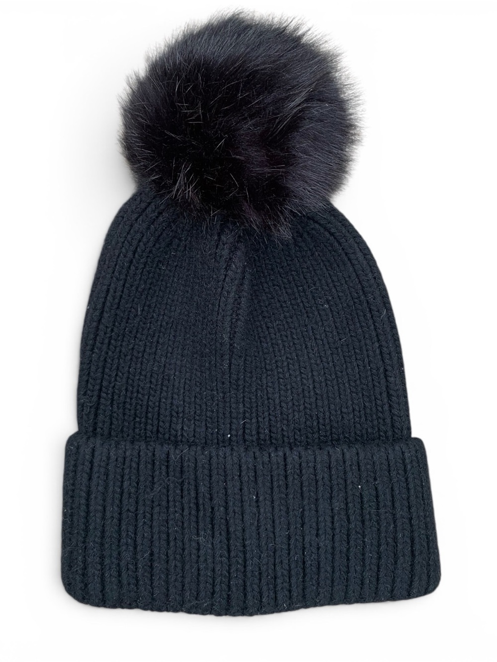 Norla Canada Alpaca Wool Blend Black Rib-Knit Pom Beanie Hat